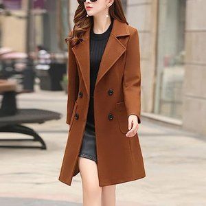 Pre-Owned Wool Blend Camel Mid-Long Coat Notch Double-Breasted Lapel Jacket